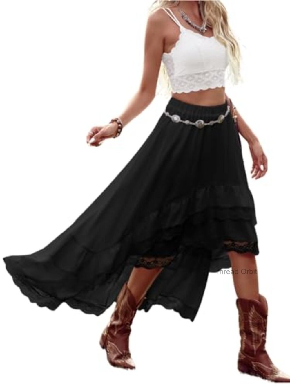 Women's Western Cowgirl Boho Lace Flowy Maxi Skirt Country Concert Outfit